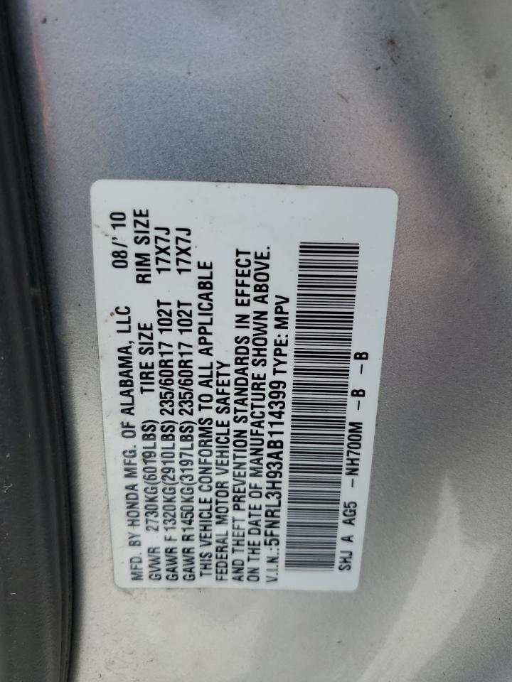 2010 Honda Odyssey Touring VIN: 5FNRL3H93AB114399 Lot: 61185004