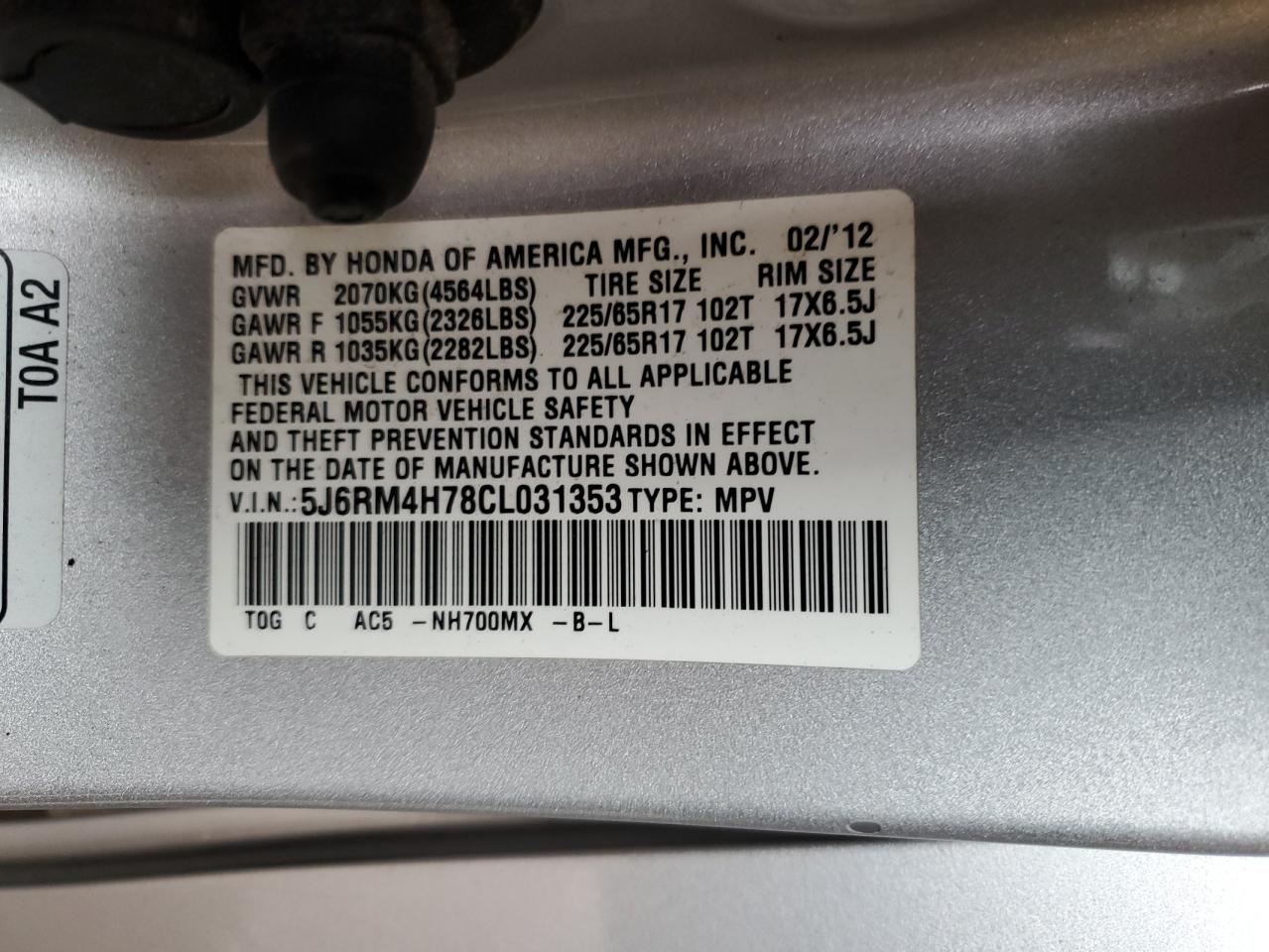 2012 Honda Cr-V Exl VIN: 5J6RM4H78CL031353 Lot: 64700144