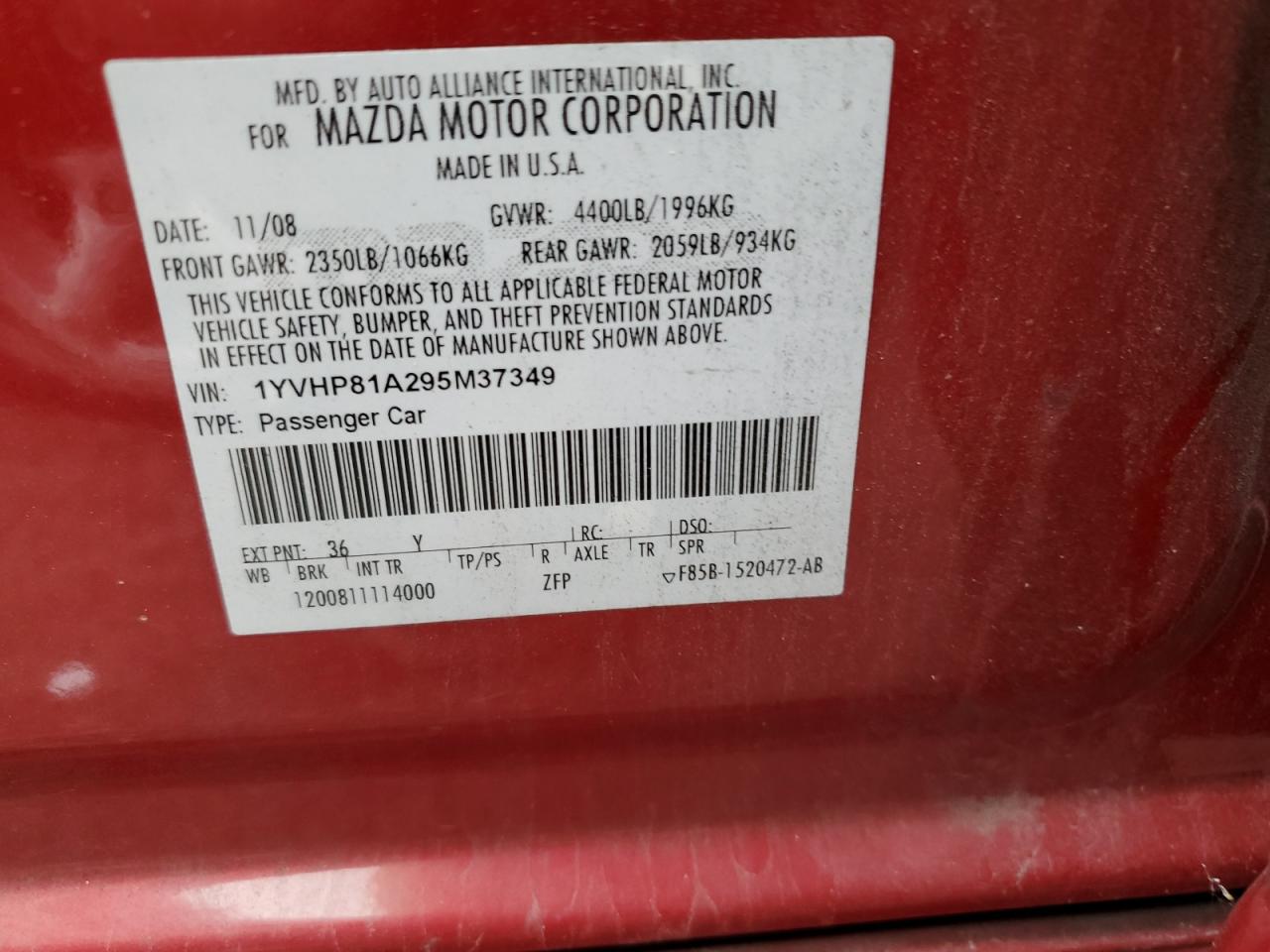 2009 Mazda 6 I VIN: 1YVHP81A295M37349 Lot: 64476014