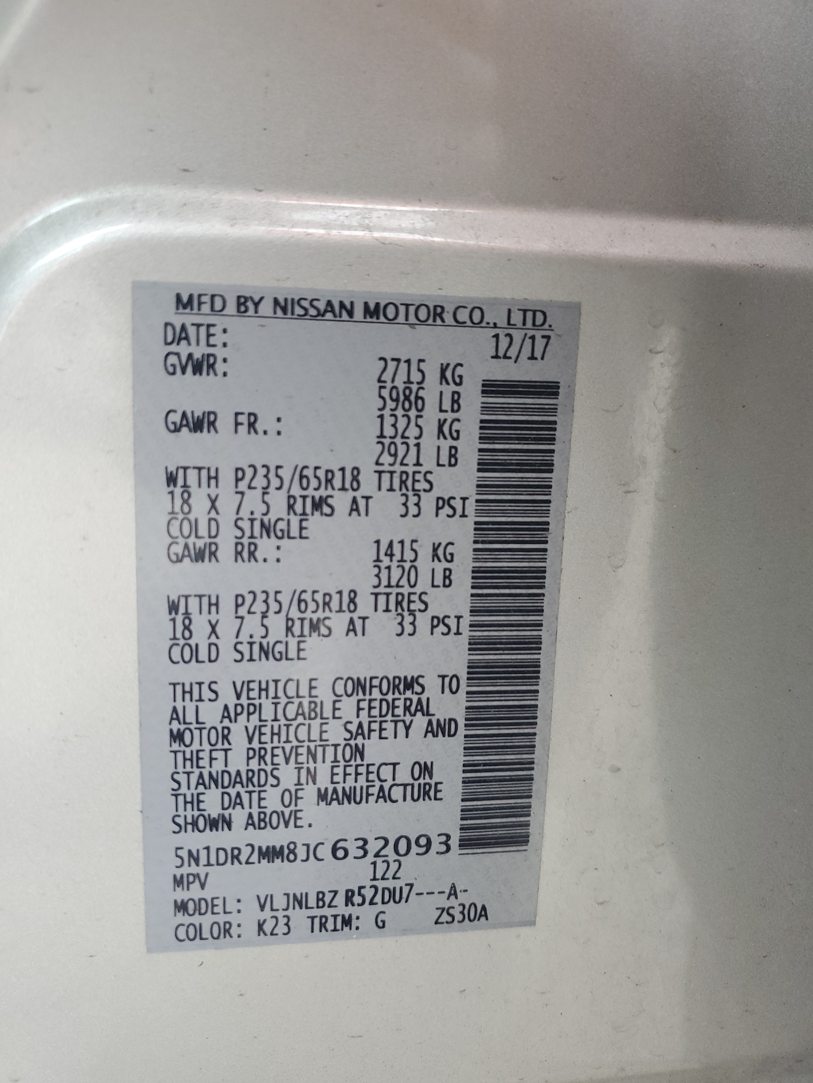 5N1DR2MM8JC632093 2018 Nissan Pathfinder S