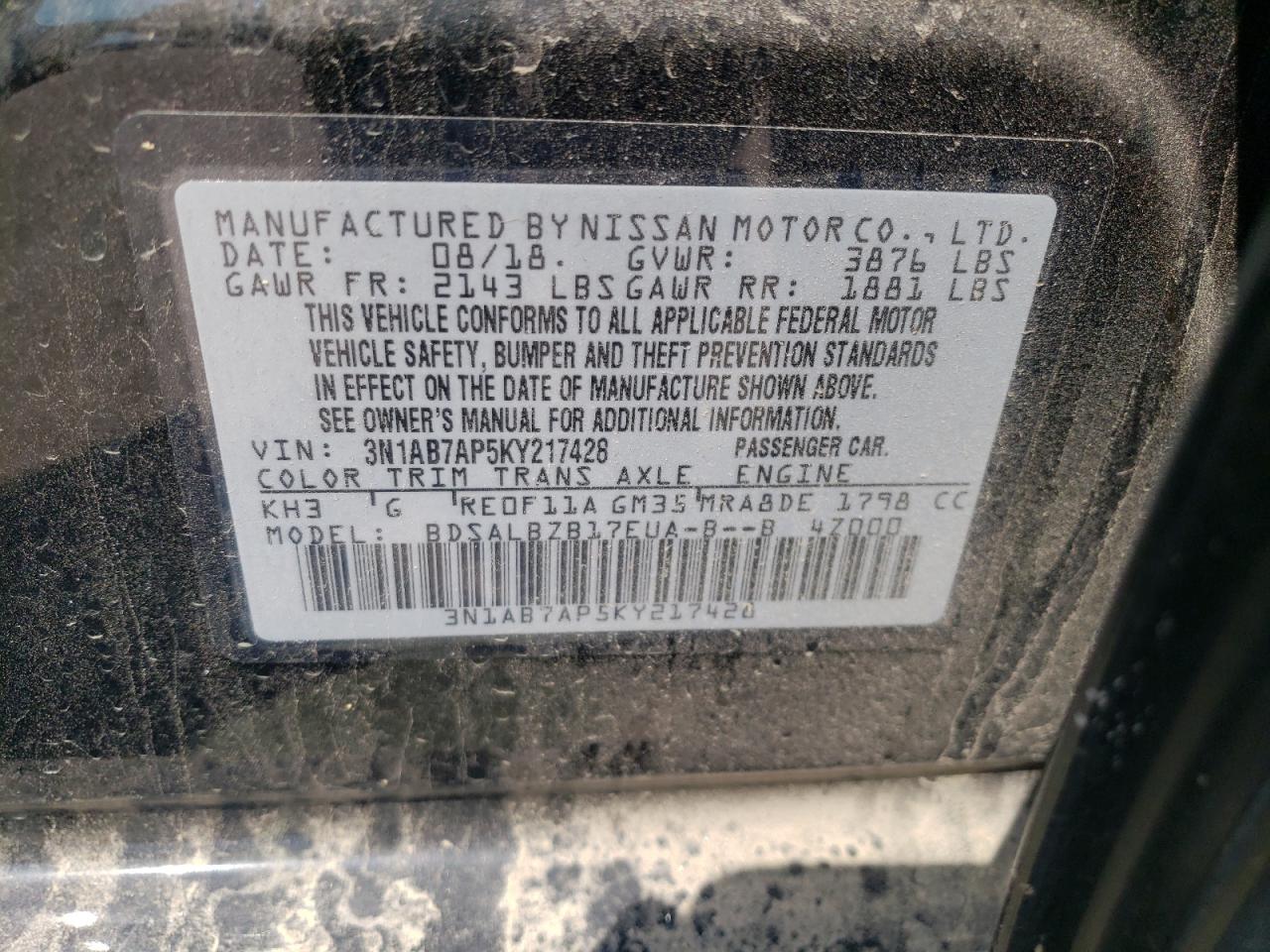 2019 Nissan Sentra S VIN: 3N1AB7AP5KY217428 Lot: 62732964