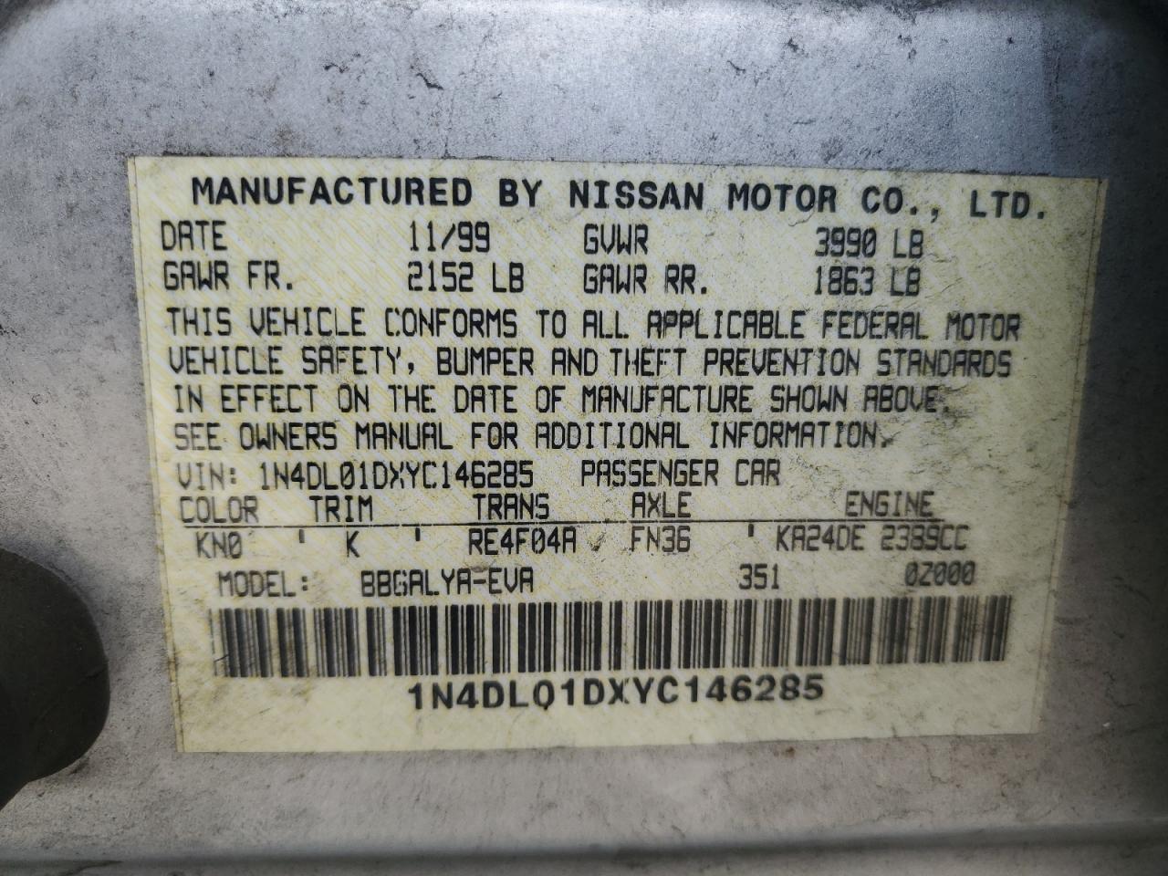 2000 Nissan Altima Xe VIN: 1N4DL01DXYC146285 Lot: 61385544