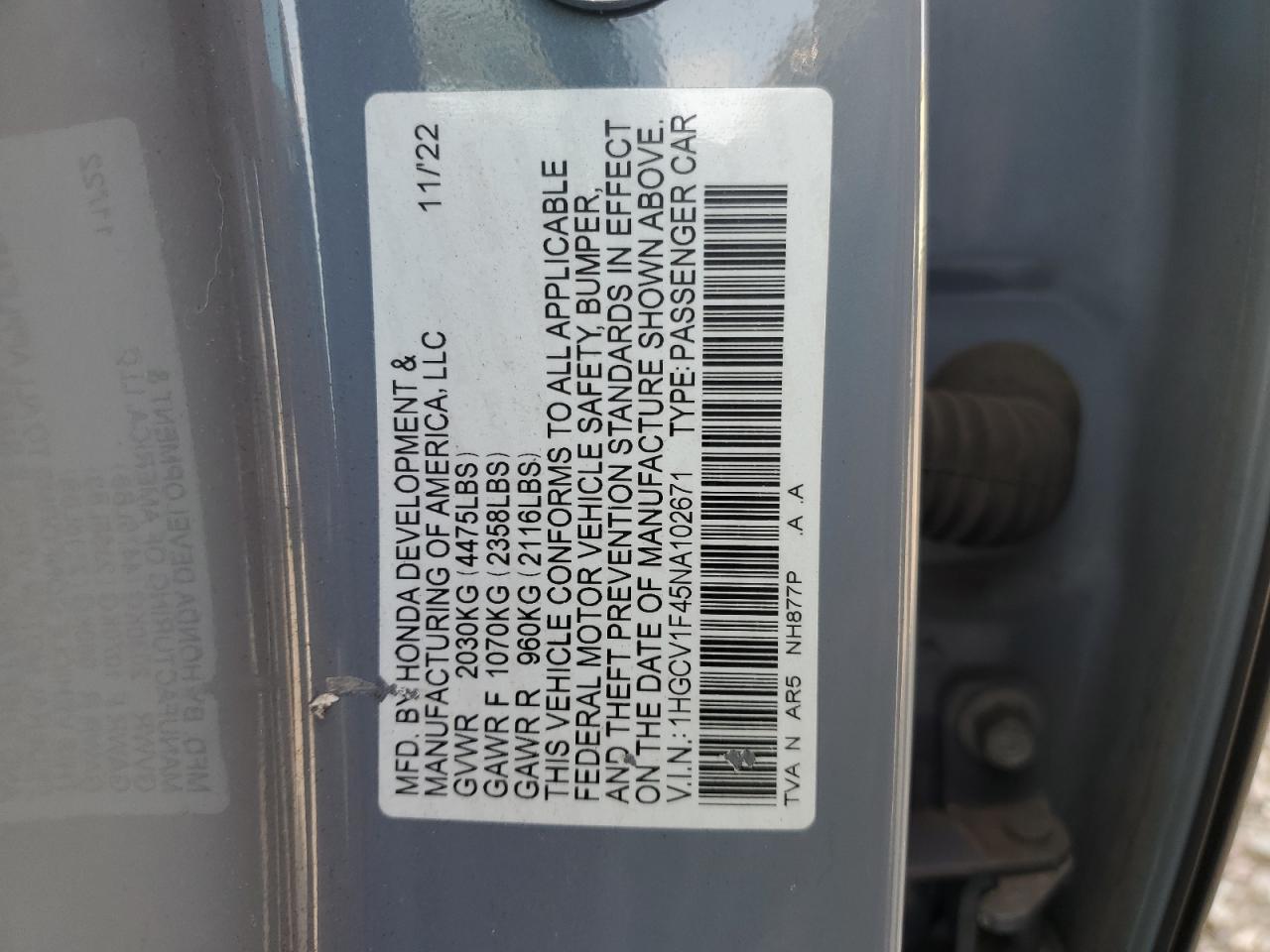 1HGCV1F45NA102671 2022 Honda Accord Sport Se