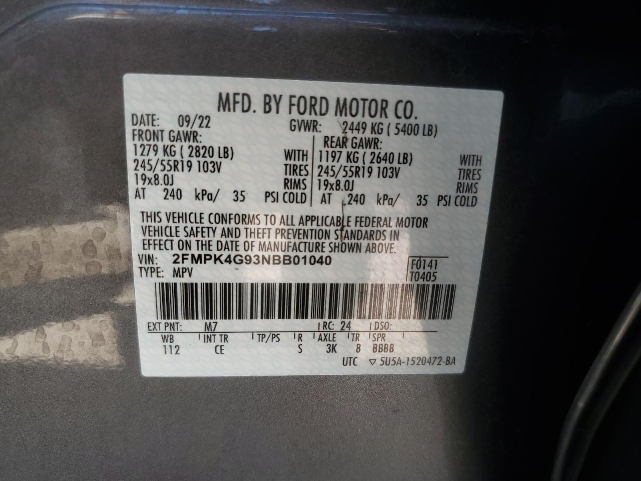 2022 Ford Edge Se VIN: 2FMPK4G93NBB01040 Lot: 60543204