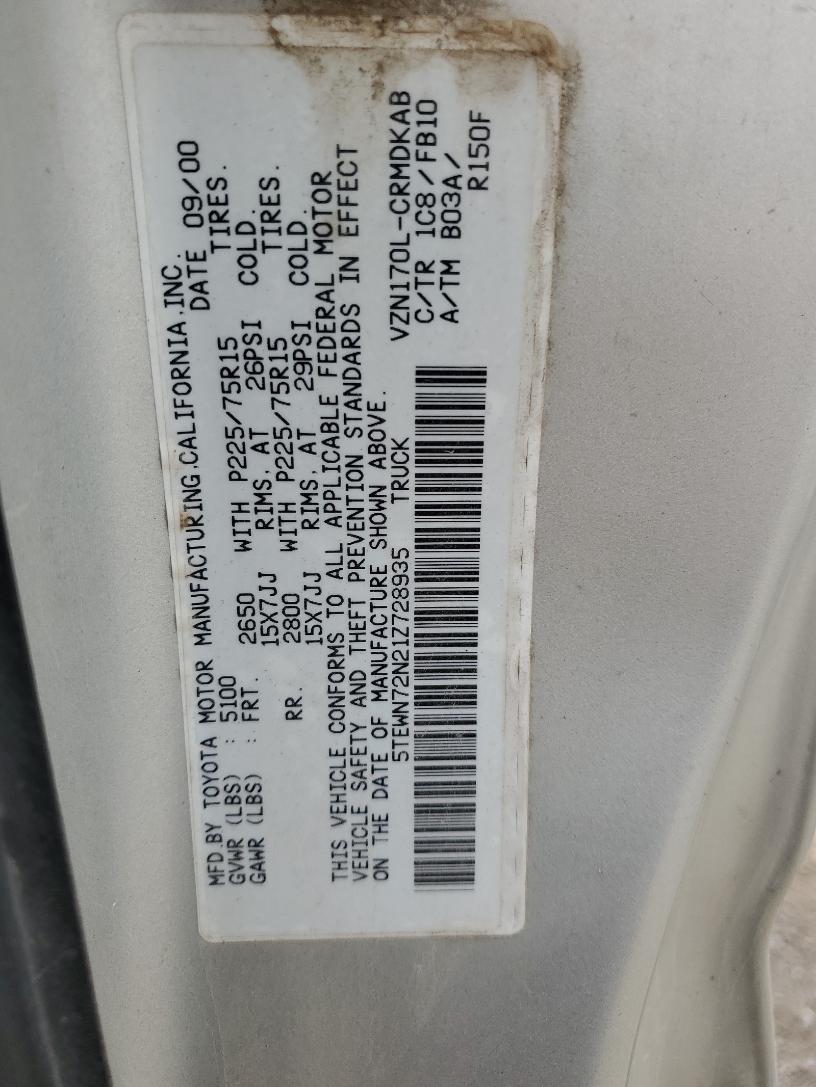 5TEWN72N21Z728935 2001 Toyota Tacoma Xtracab