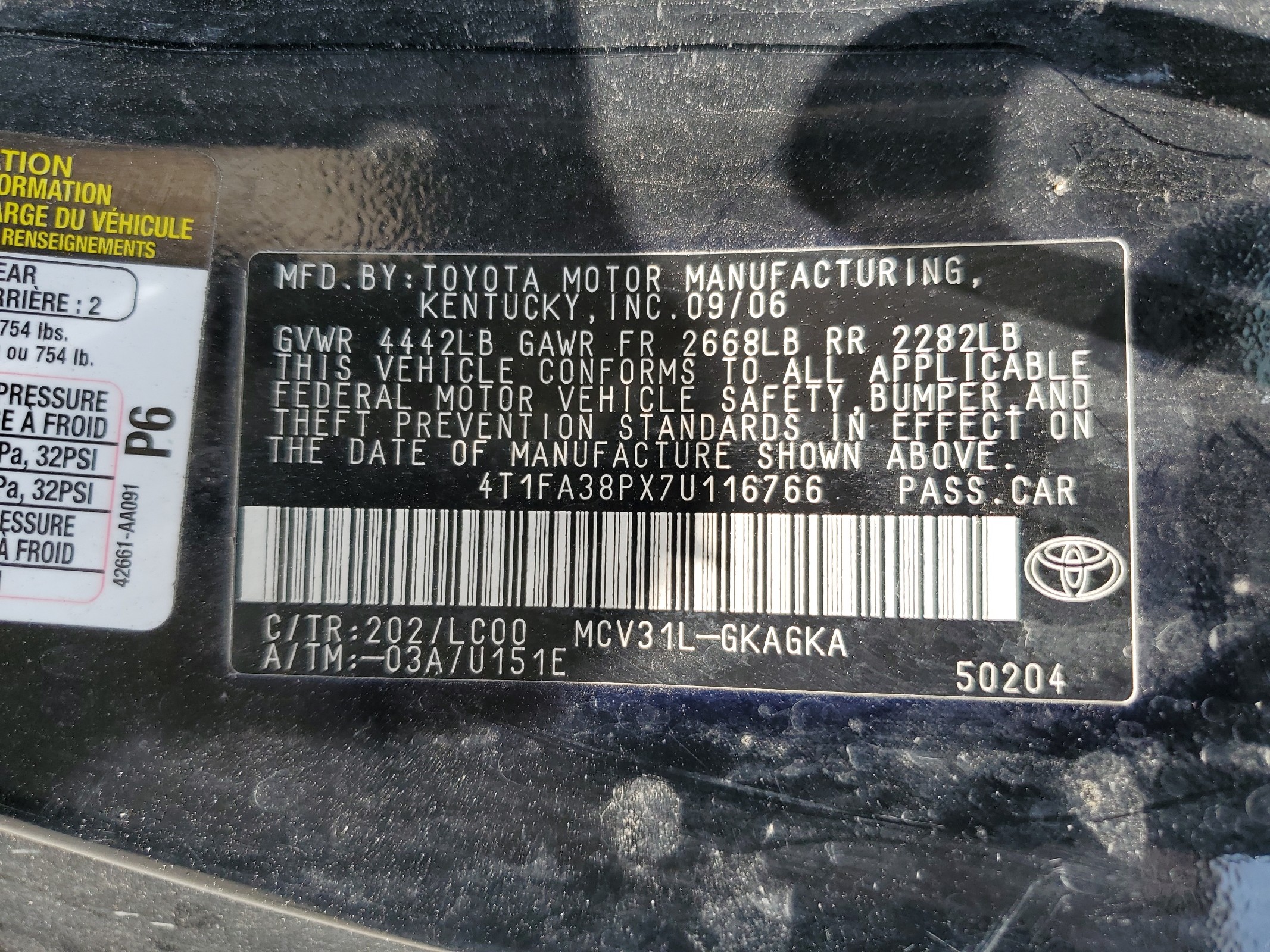 4T1FA38PX7U116766 2007 Toyota Camry Solara Se