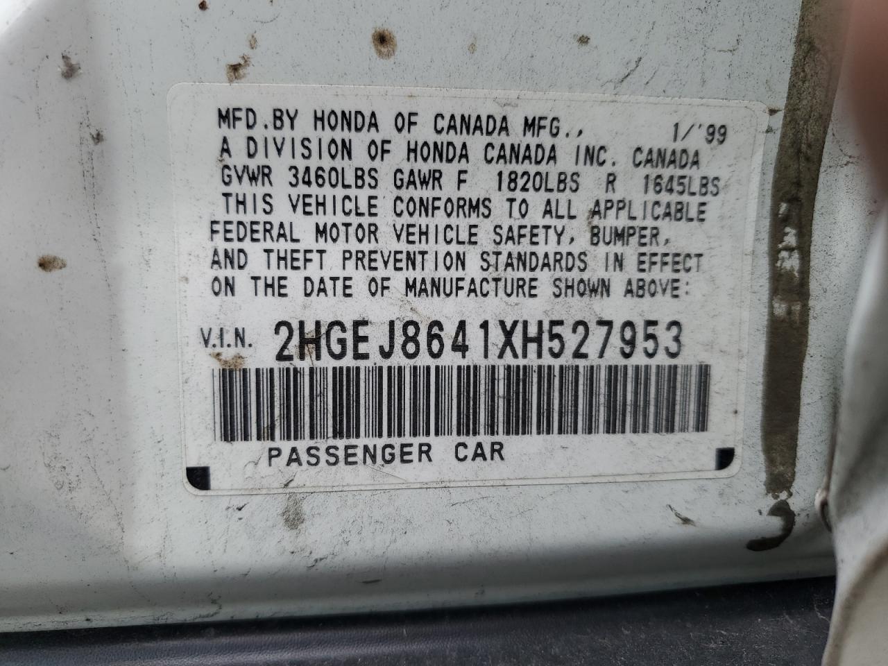 1999 Honda Civic Ex VIN: 2HGEJ8641XH527953 Lot: 60063634