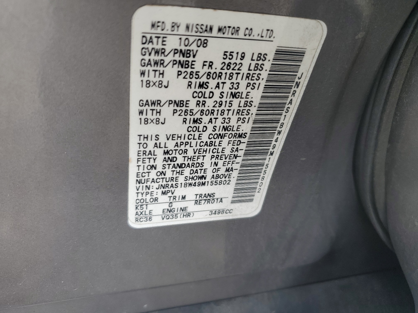 JNRAS18W49M155802 2009 Infiniti Fx35