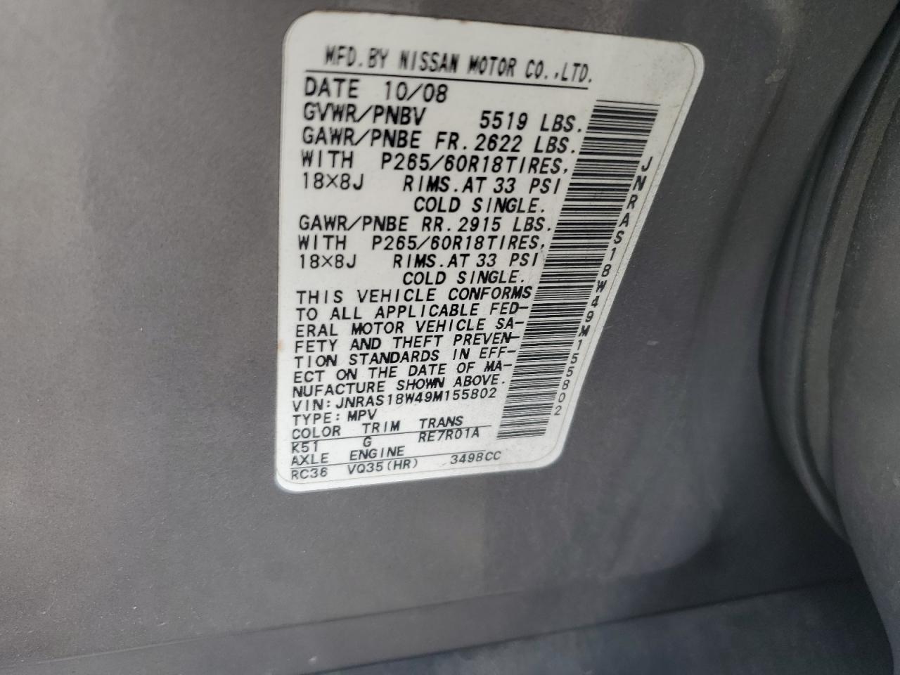 2009 Infiniti Fx35 VIN: JNRAS18W49M155802 Lot: 64502804