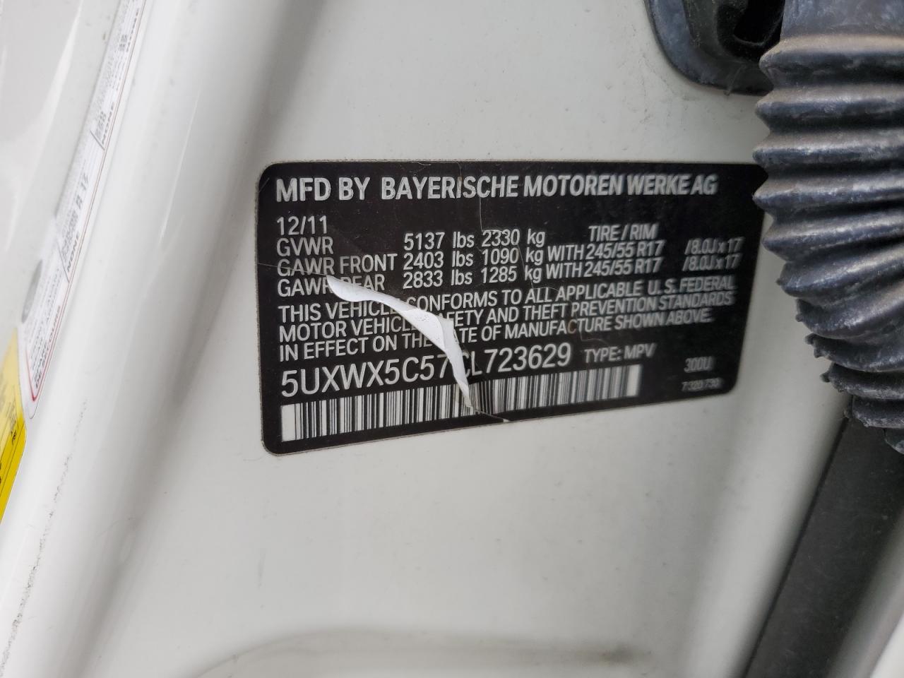 2012 BMW X3 xDrive28I VIN: 5UXWX5C57CL723629 Lot: 63459034