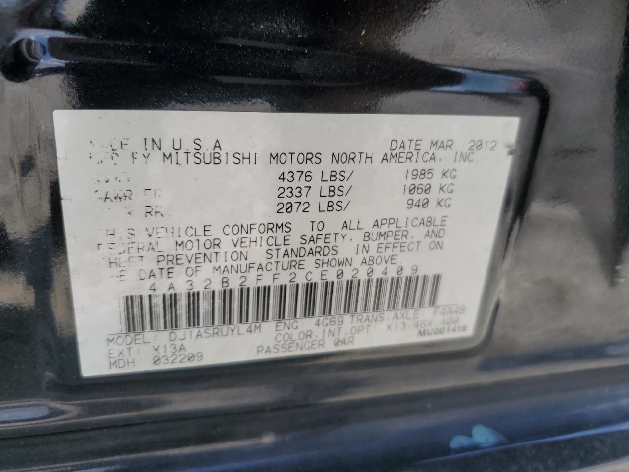 2012 Mitsubishi Galant Fe VIN: 4A32B2FF2CE020409 Lot: 61199414