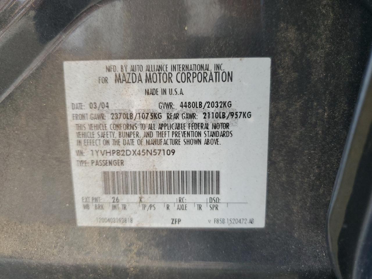 2004 Mazda 6 S VIN: 1YVHP82DX45N57109 Lot: 62406014
