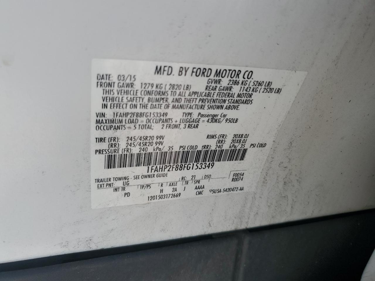 2015 Ford Taurus Limited VIN: 1FAHP2F88FG153349 Lot: 63420284