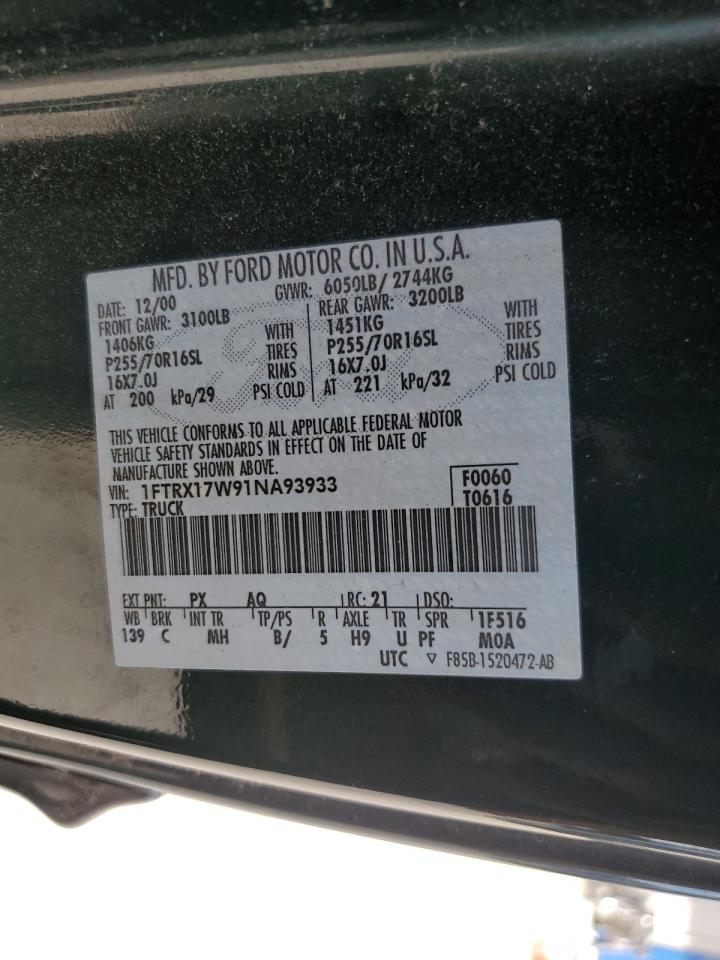 2001 Ford F150 VIN: 1FTRX17W91NA93933 Lot: 64377594