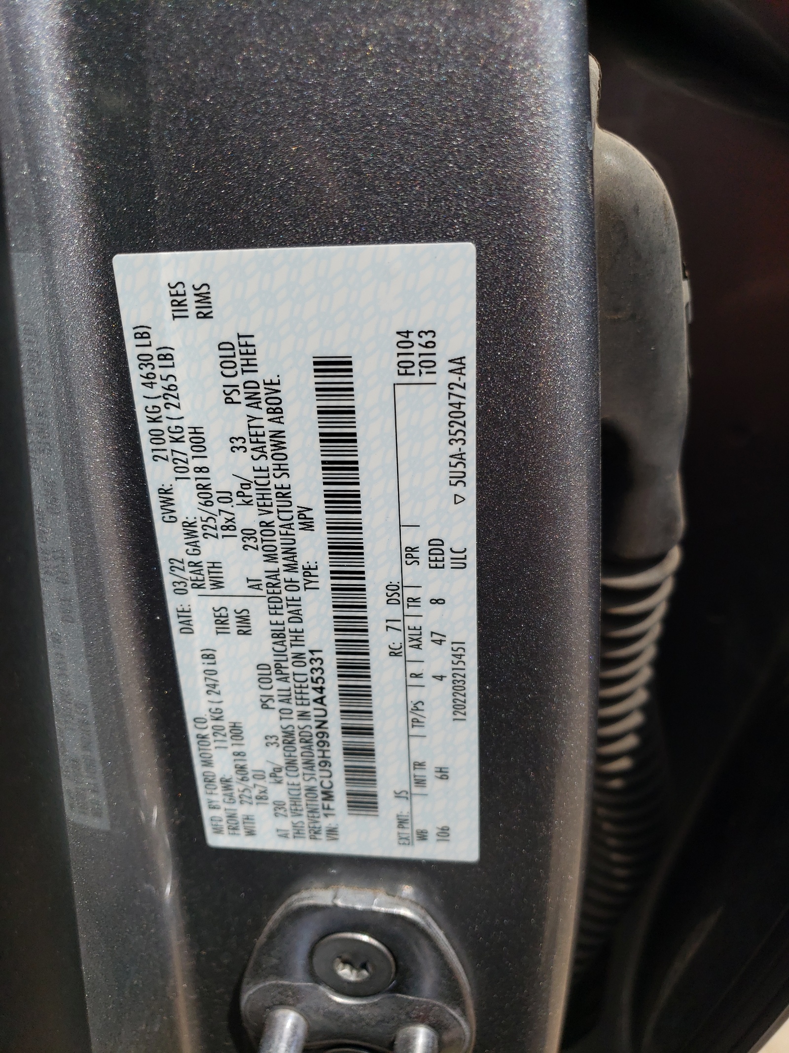 1FMCU9H99NUA45331 2022 Ford Escape Sel