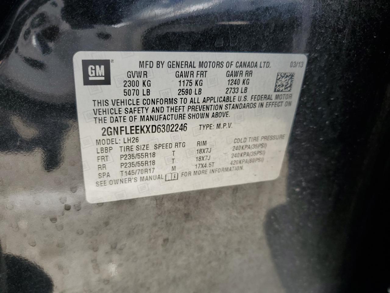 2013 Chevrolet Equinox Lt VIN: 2GNFLEEKXD6302246 Lot: 63560794