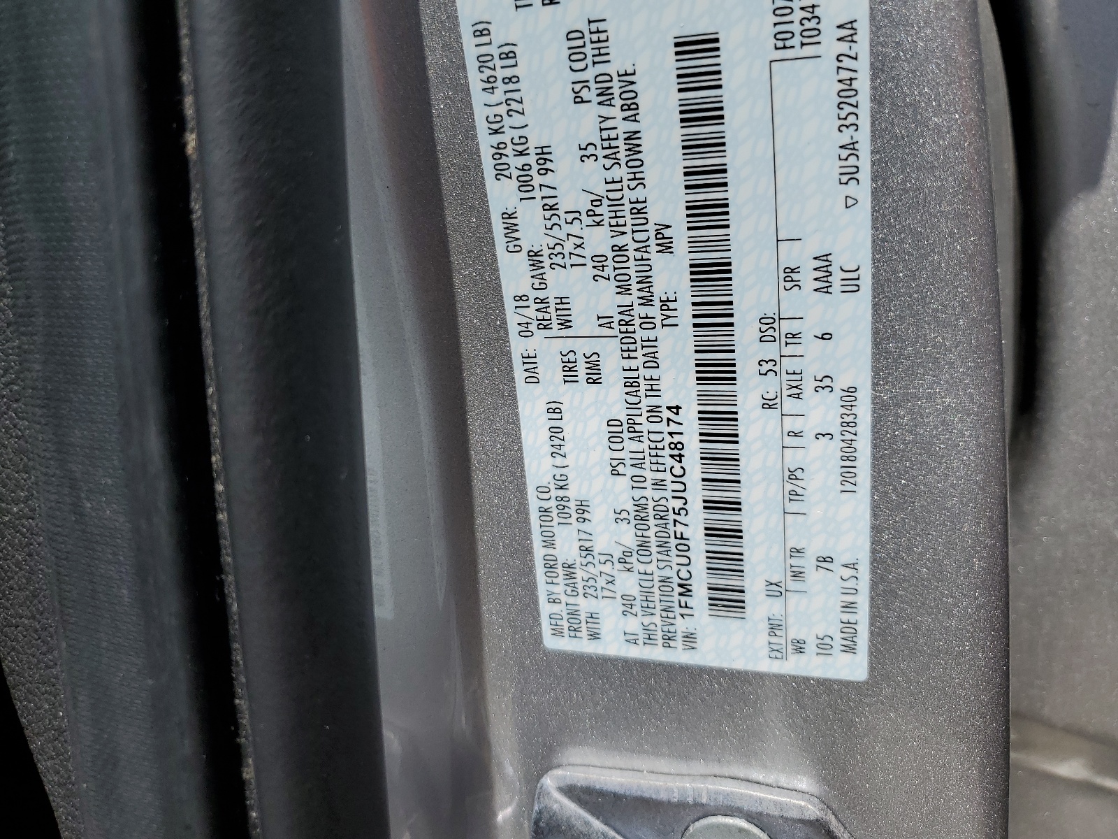 1FMCU0F75JUC48174 2018 Ford Escape S