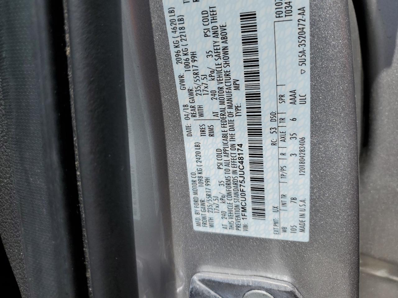 2018 Ford Escape S VIN: 1FMCU0F75JUC48174 Lot: 63641824