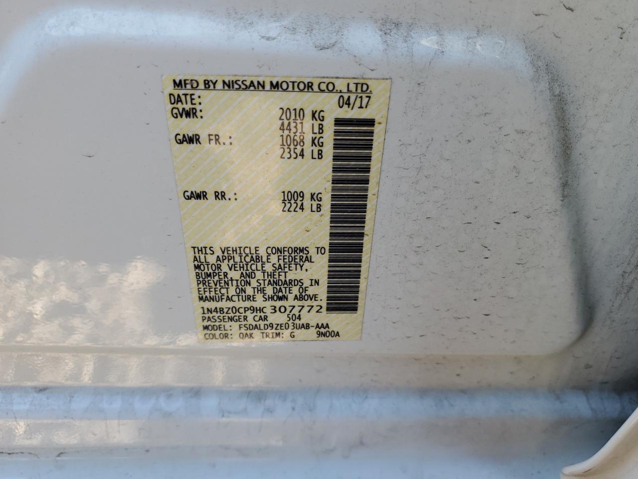 2017 Nissan Leaf S VIN: 1N4BZ0CP9HC307772 Lot: 62139394