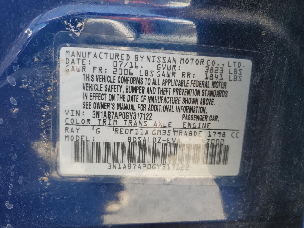 2016 Nissan Sentra S VIN: 3N1AB7AP0GY317122 Lot: 60909604