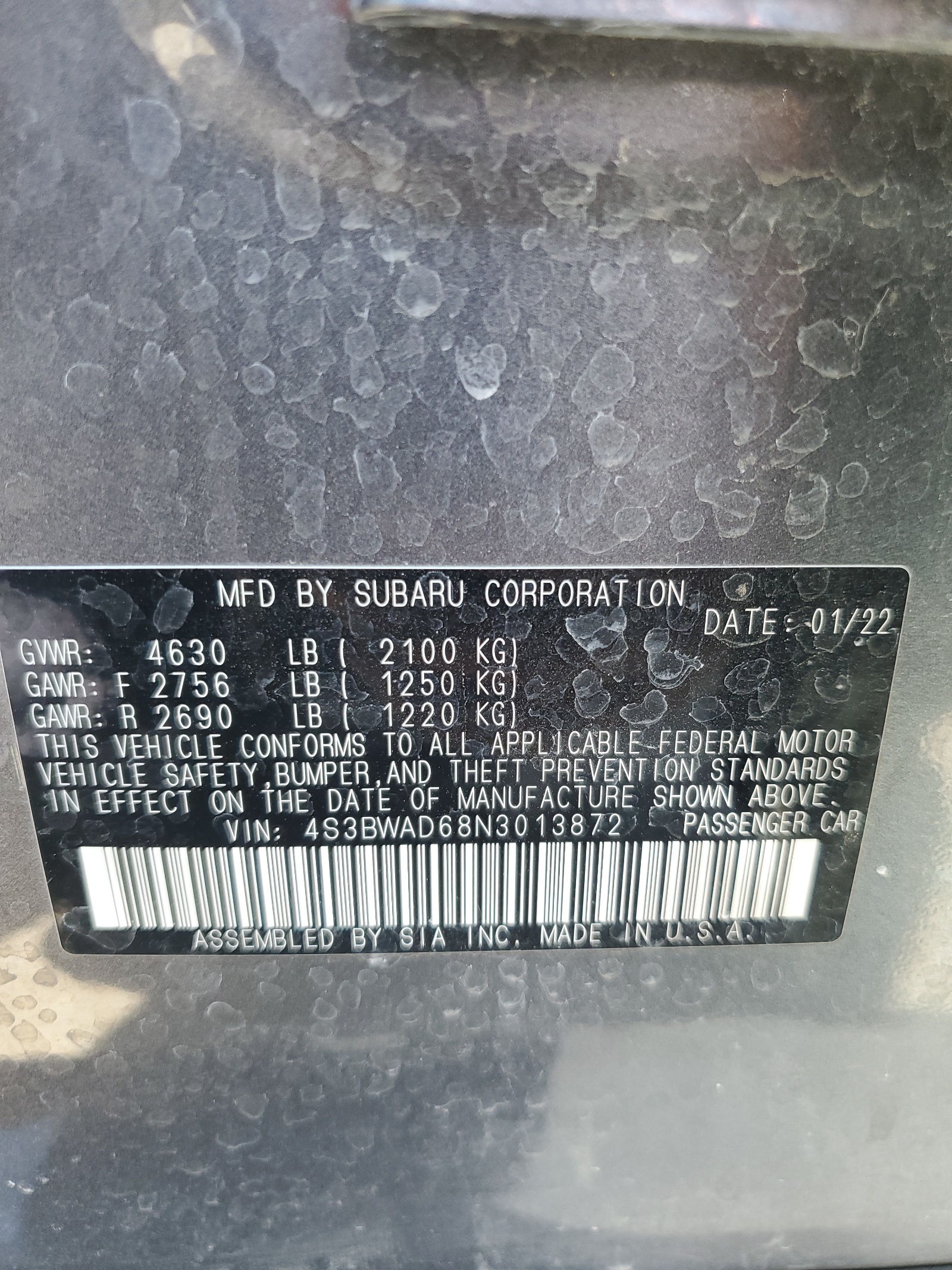 4S3BWAD68N3013872 2022 Subaru Legacy Premium