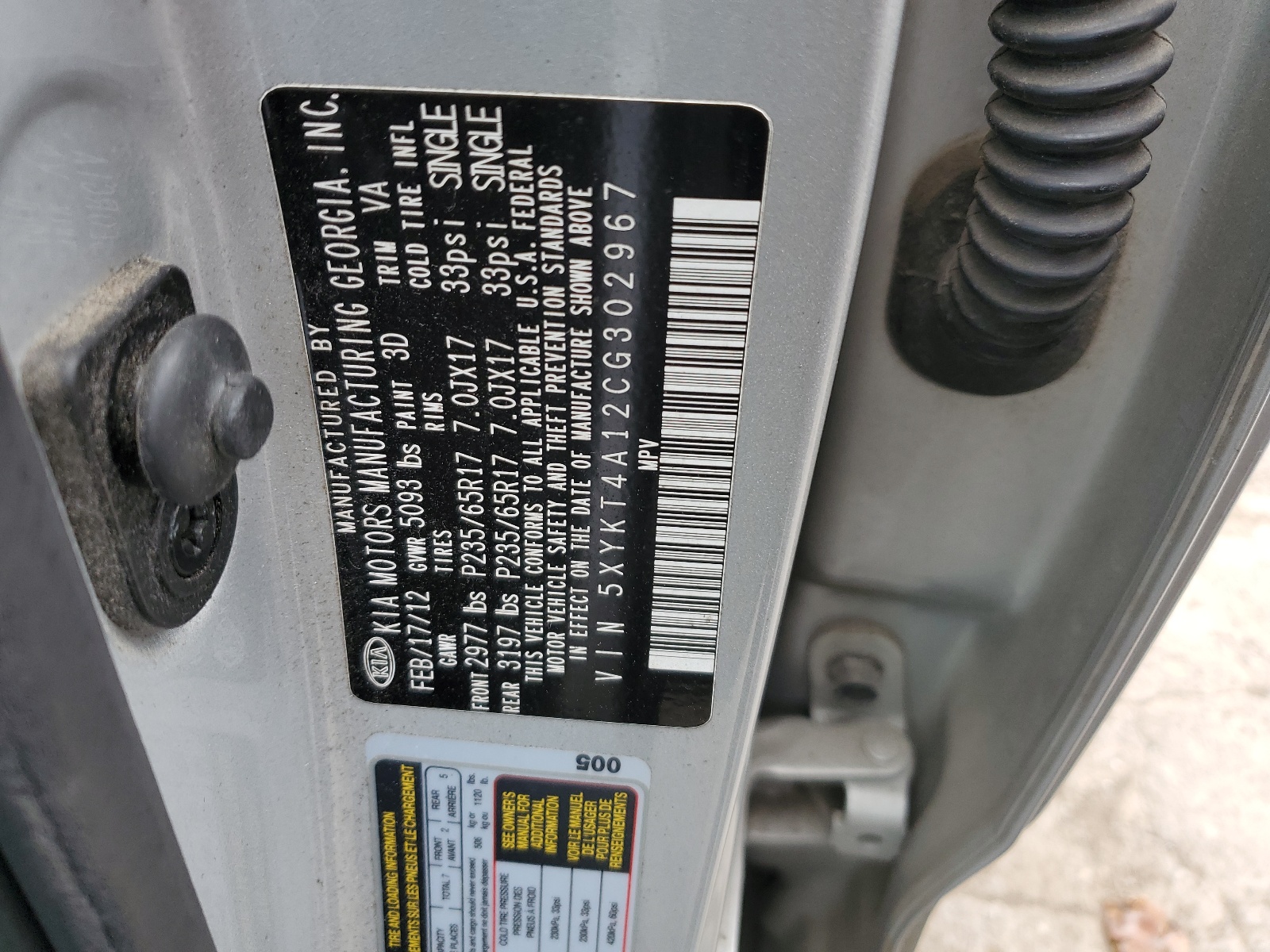 5XYKT4A12CG302967 2012 Kia Sorento Base