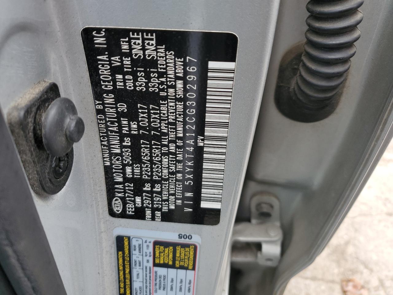 2012 Kia Sorento Base VIN: 5XYKT4A12CG302967 Lot: 64858474