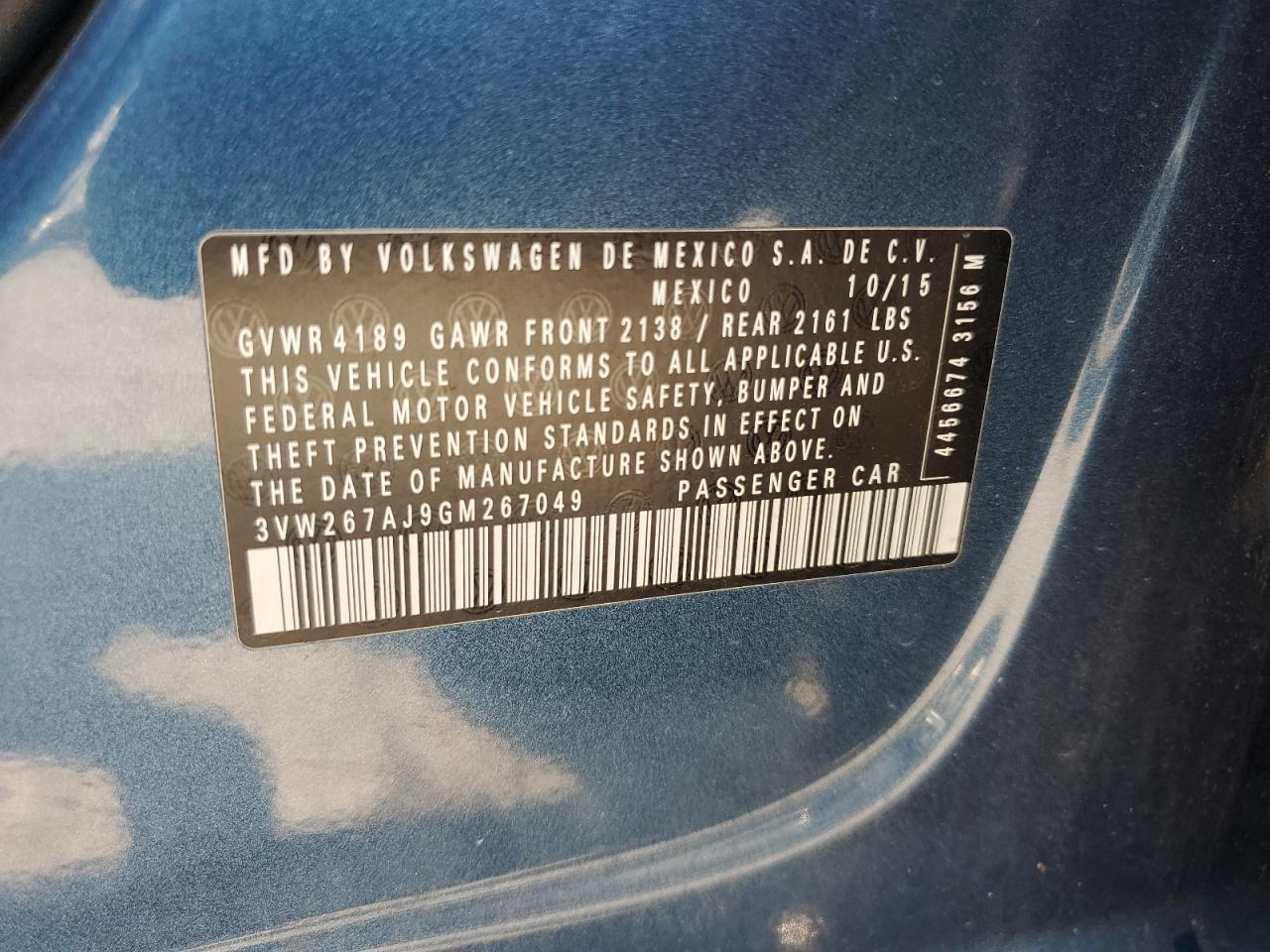 2016 Volkswagen Jetta S VIN: 3VW267AJ9GM267049 Lot: 63961274