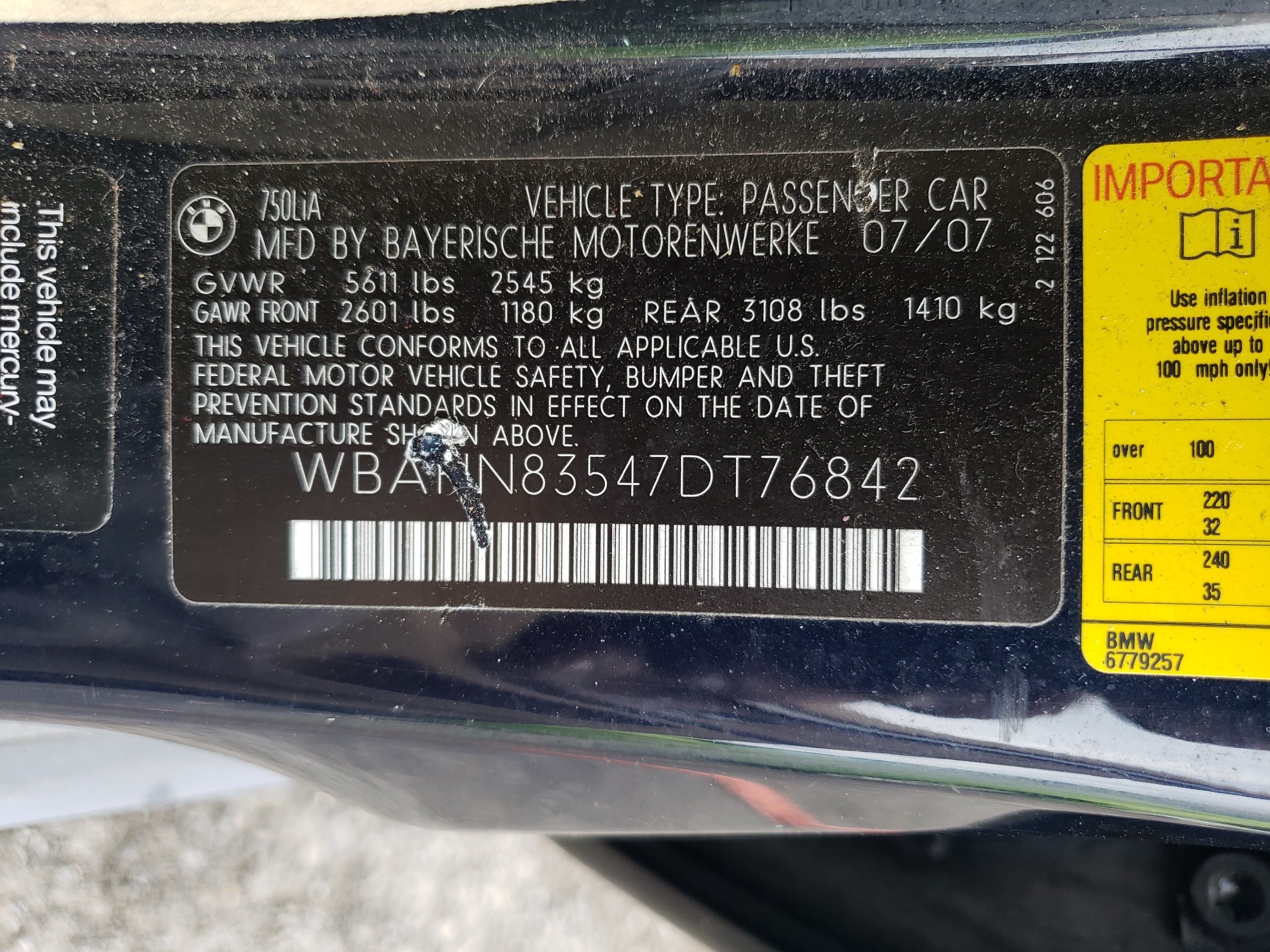 WBAHN83547DT76842 2007 BMW 750