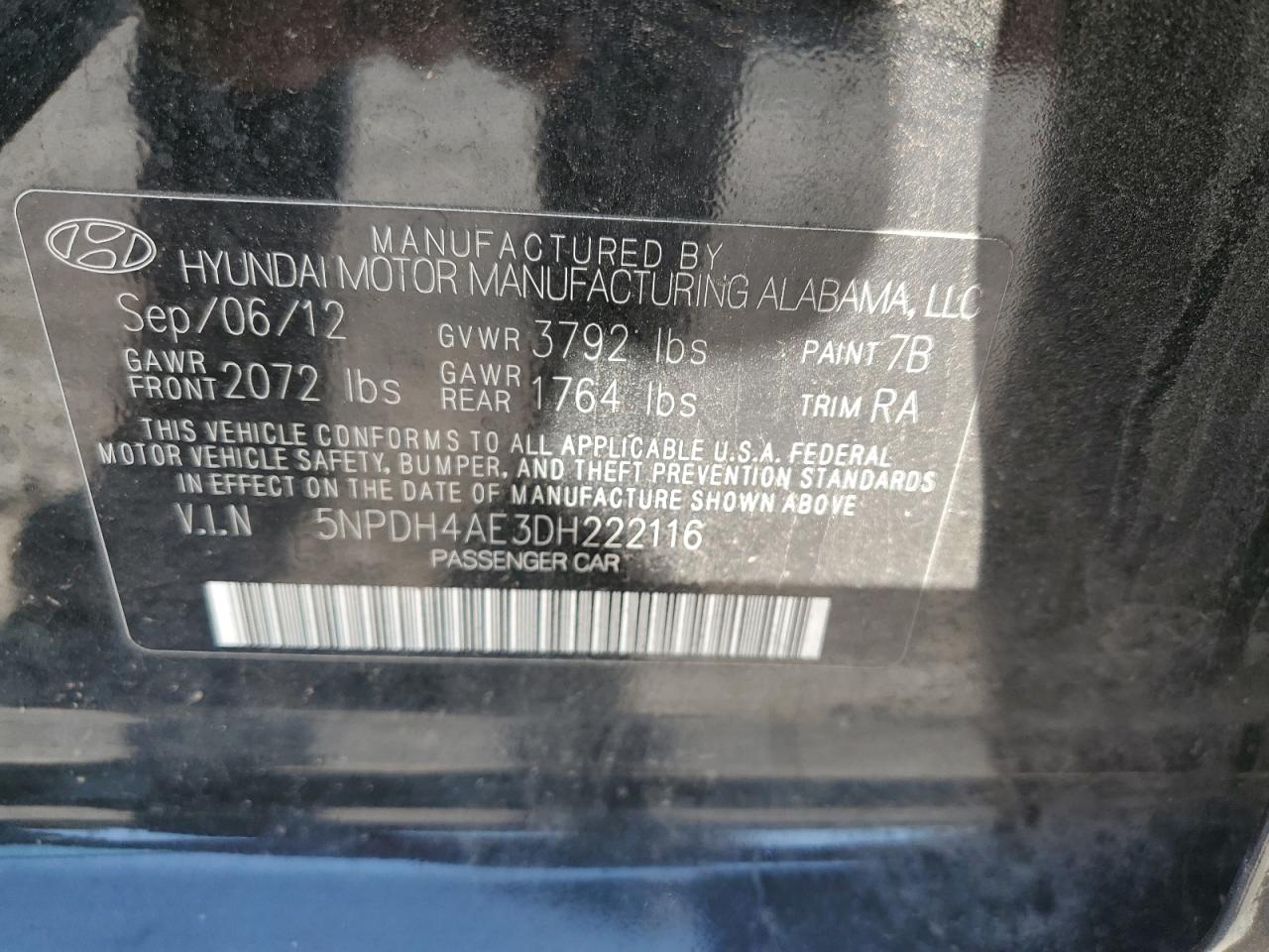 2013 Hyundai Elantra Gls VIN: 5NPDH4AE3DH222116 Lot: 64145504