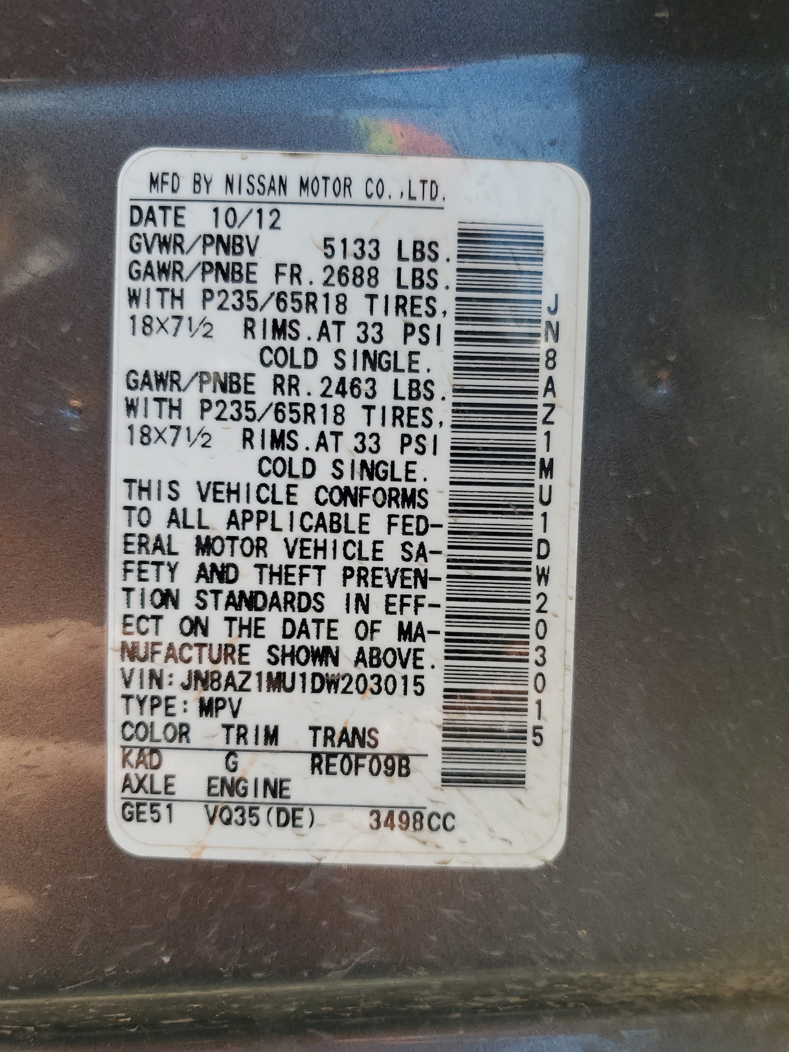 JN8AZ1MU1DW203015 2013 Nissan Murano S