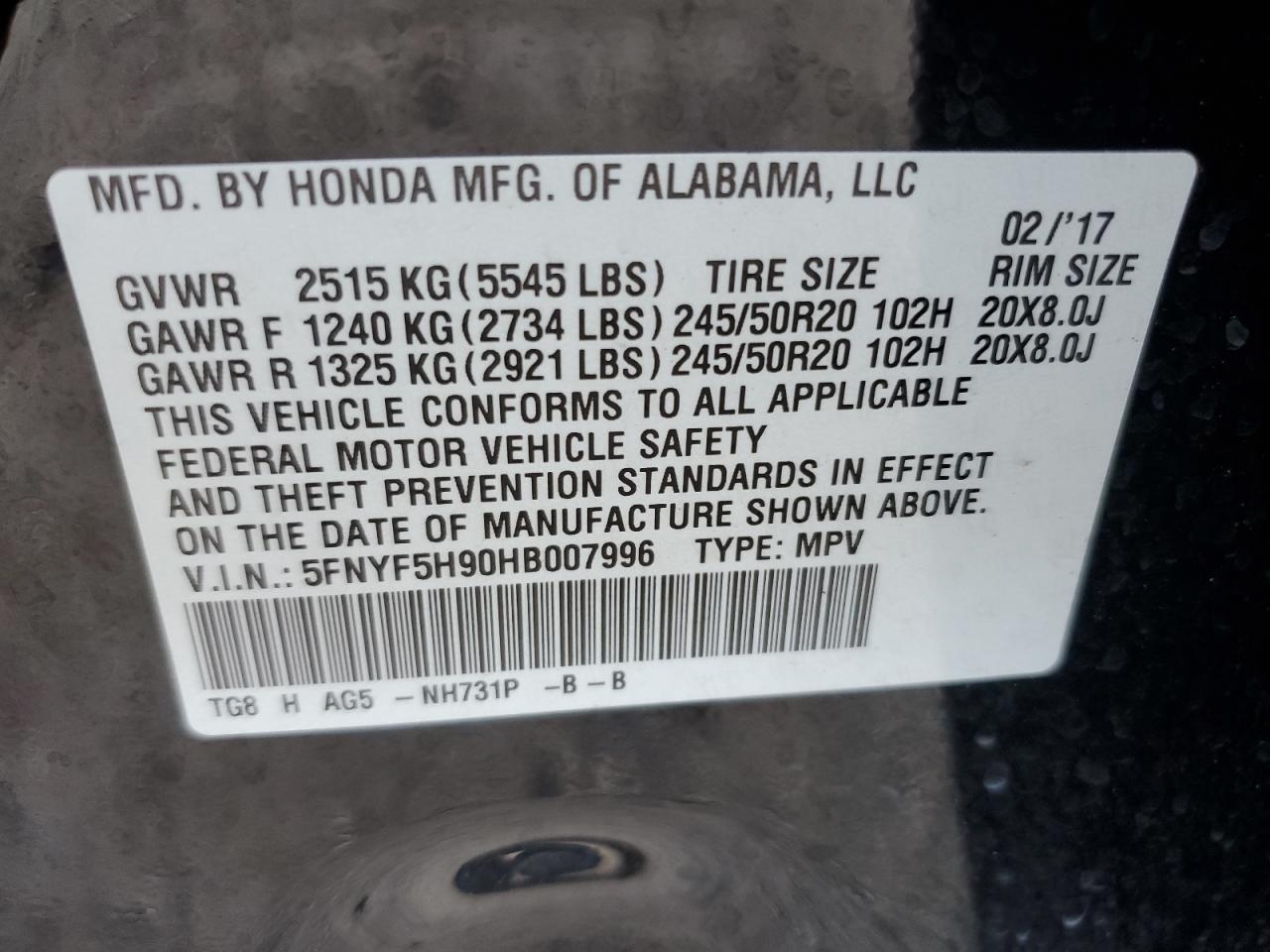 2017 Honda Pilot Touring VIN: 5FNYF5H90HB007996 Lot: 63391184