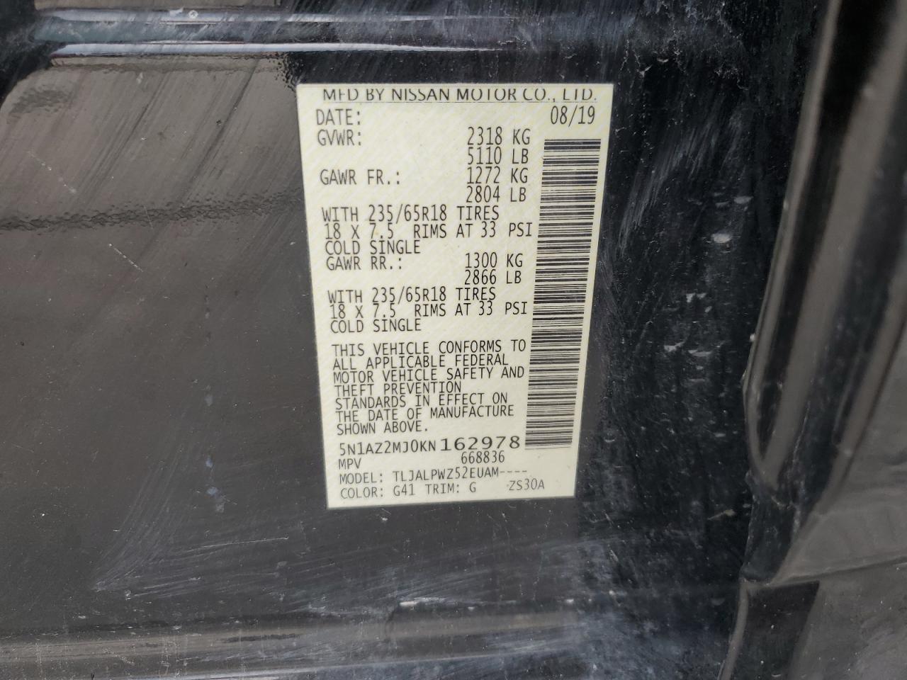 2019 Nissan Murano S VIN: 5N1AZ2MJ0KN162978 Lot: 63478264