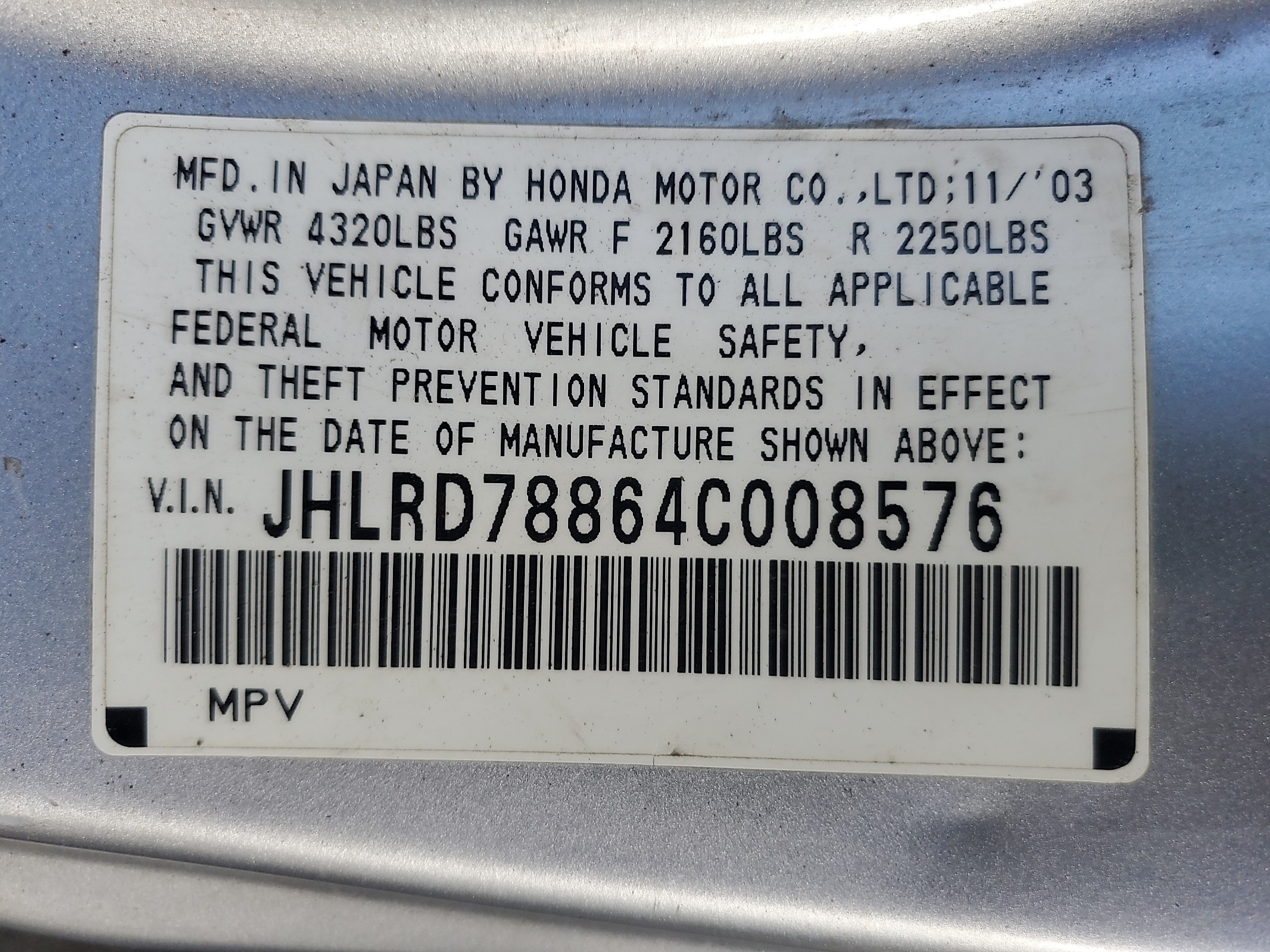 JHLRD78864C008576 2004 Honda Cr-V Ex