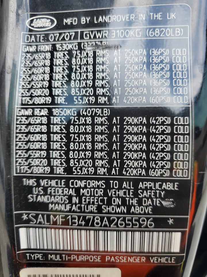 2008 Land Rover Range Rover Supercharged VIN: SALMF13478A265596 Lot: 64406844