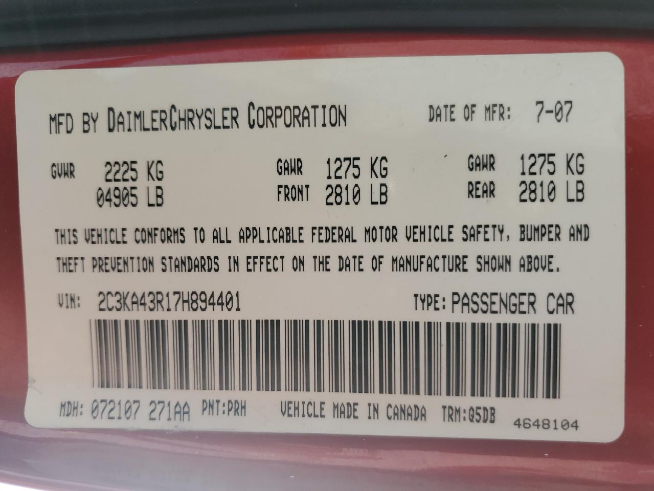 2007 Chrysler 300 VIN: 2C3KA43R17H894401 Lot: 62755374