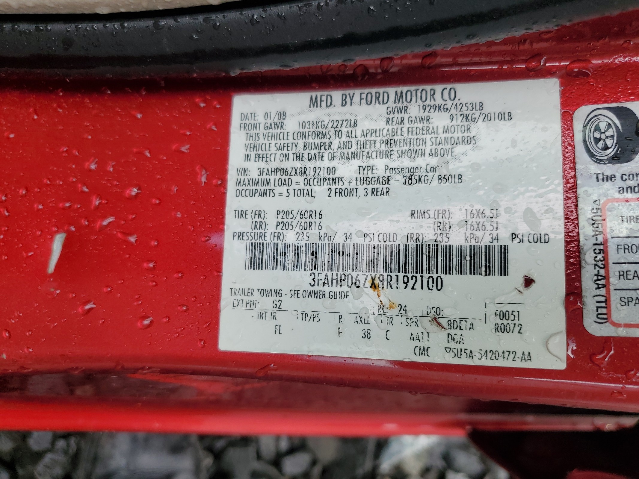 3FAHP06ZX8R192100 2008 Ford Fusion S