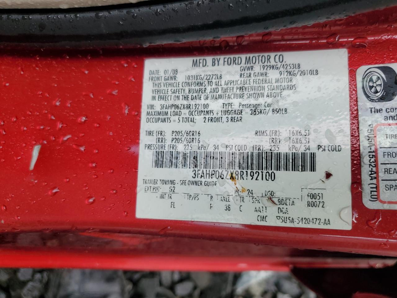 2008 Ford Fusion S VIN: 3FAHP06ZX8R192100 Lot: 63020094