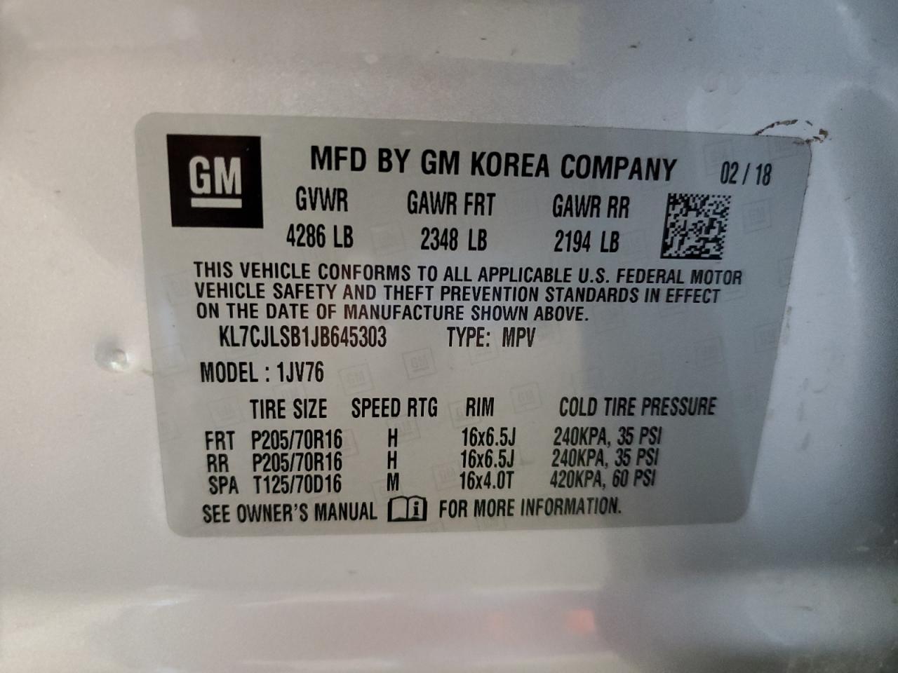 2018 Chevrolet Trax 1Lt VIN: KL7CJLSB1JB645303 Lot: 62099824