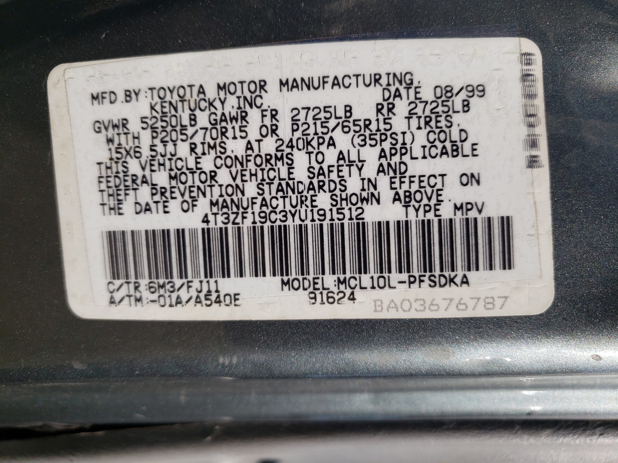 4T3ZF19C3YU191512 2000 Toyota Sienna Ce