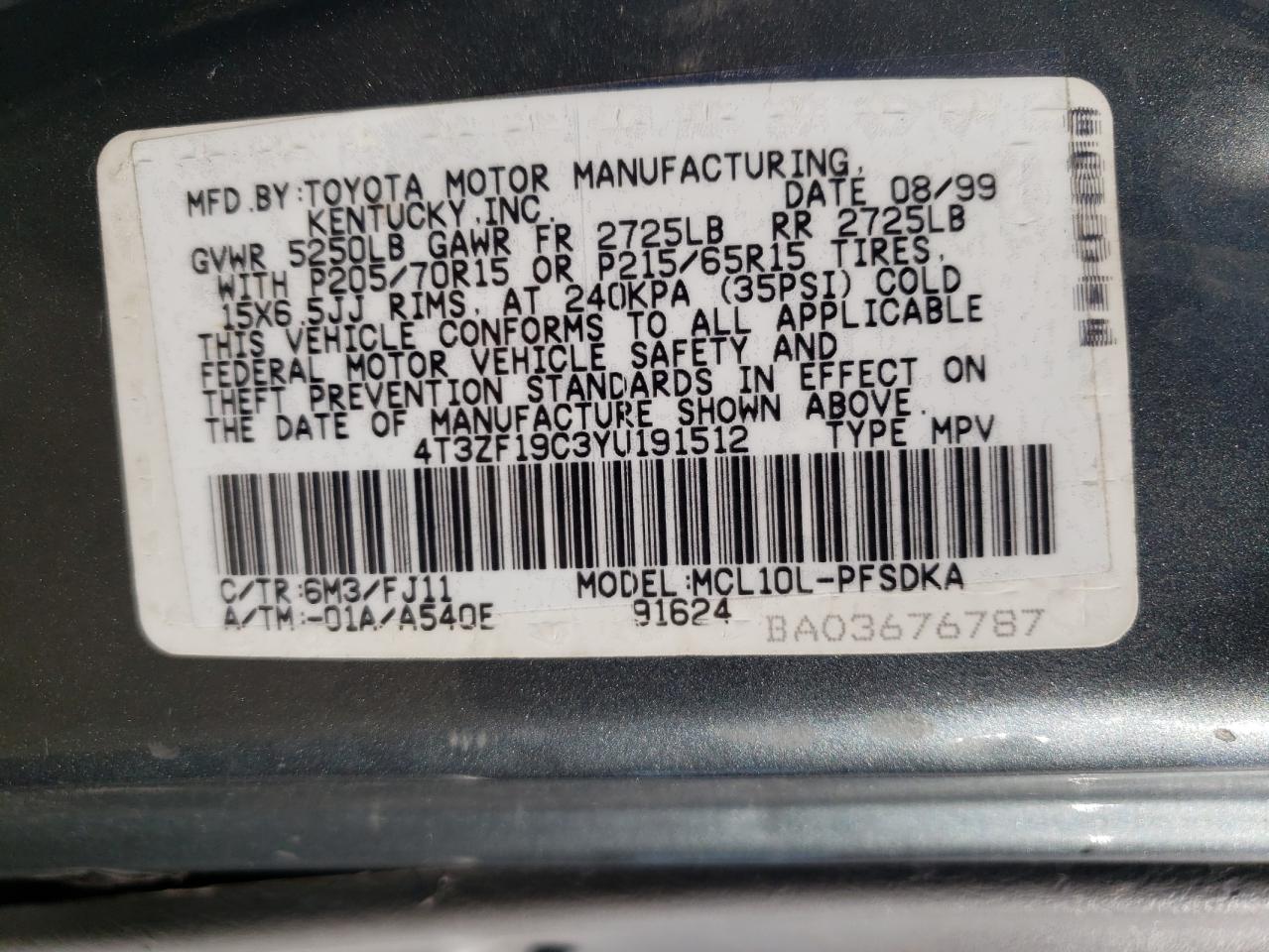 2000 Toyota Sienna Ce VIN: 4T3ZF19C3YU191512 Lot: 63509824