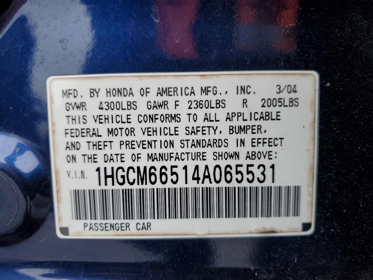 2004 Honda Accord Ex VIN: 1HGCM66514A065531 Lot: 64142984