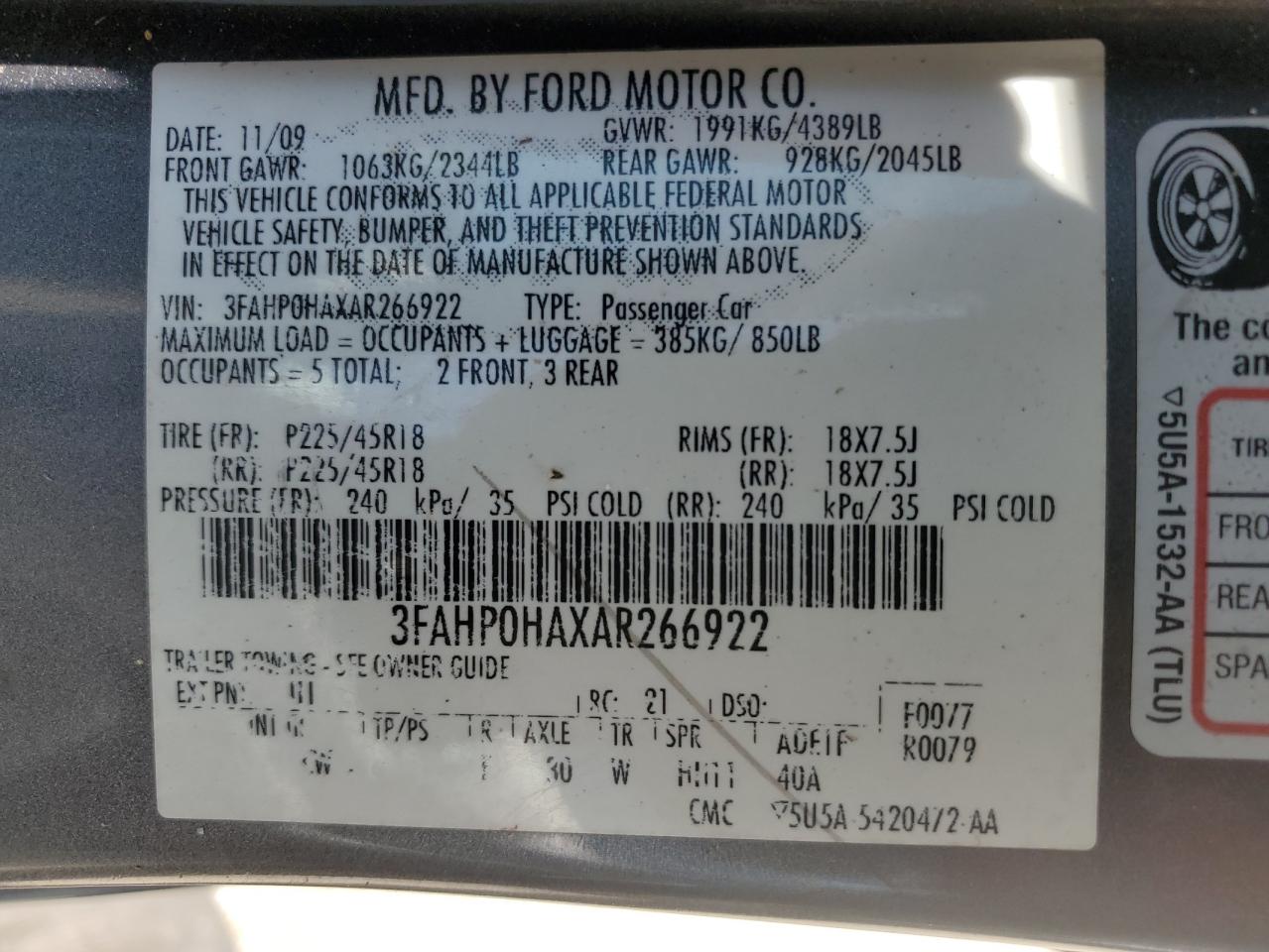 2010 Ford Fusion Se VIN: 3FAHP0HAXAR266922 Lot: 63401424