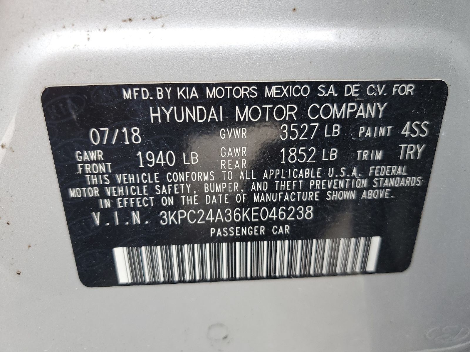 3KPC24A36KE046238 2019 Hyundai Accent Se