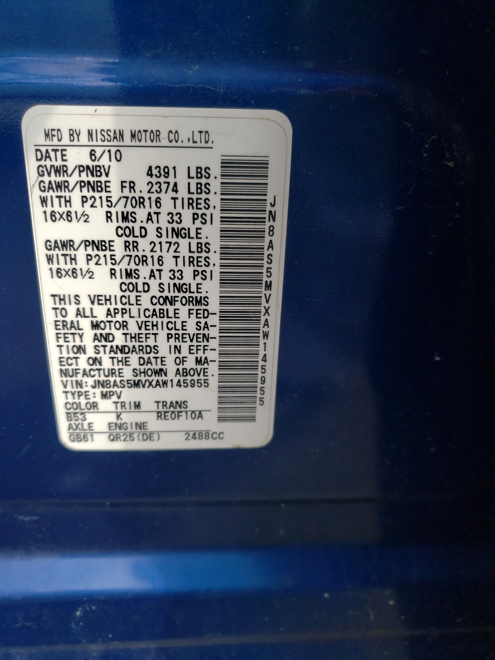 JN8AS5MVXAW145955 2010 Nissan Rogue S