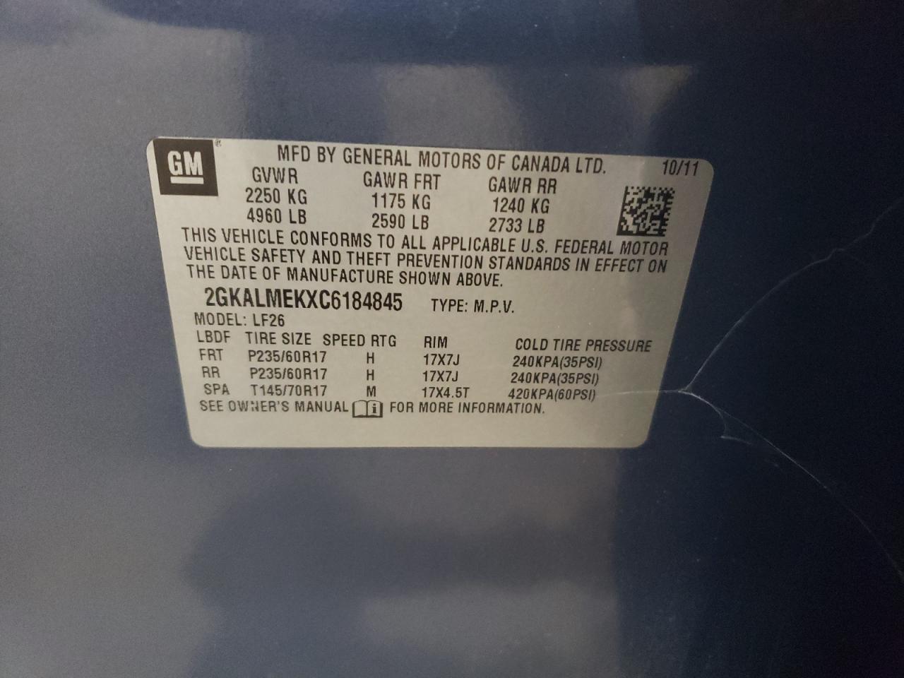 2012 GMC Terrain Sle VIN: 2GKALMEKXC6184845 Lot: 62295884