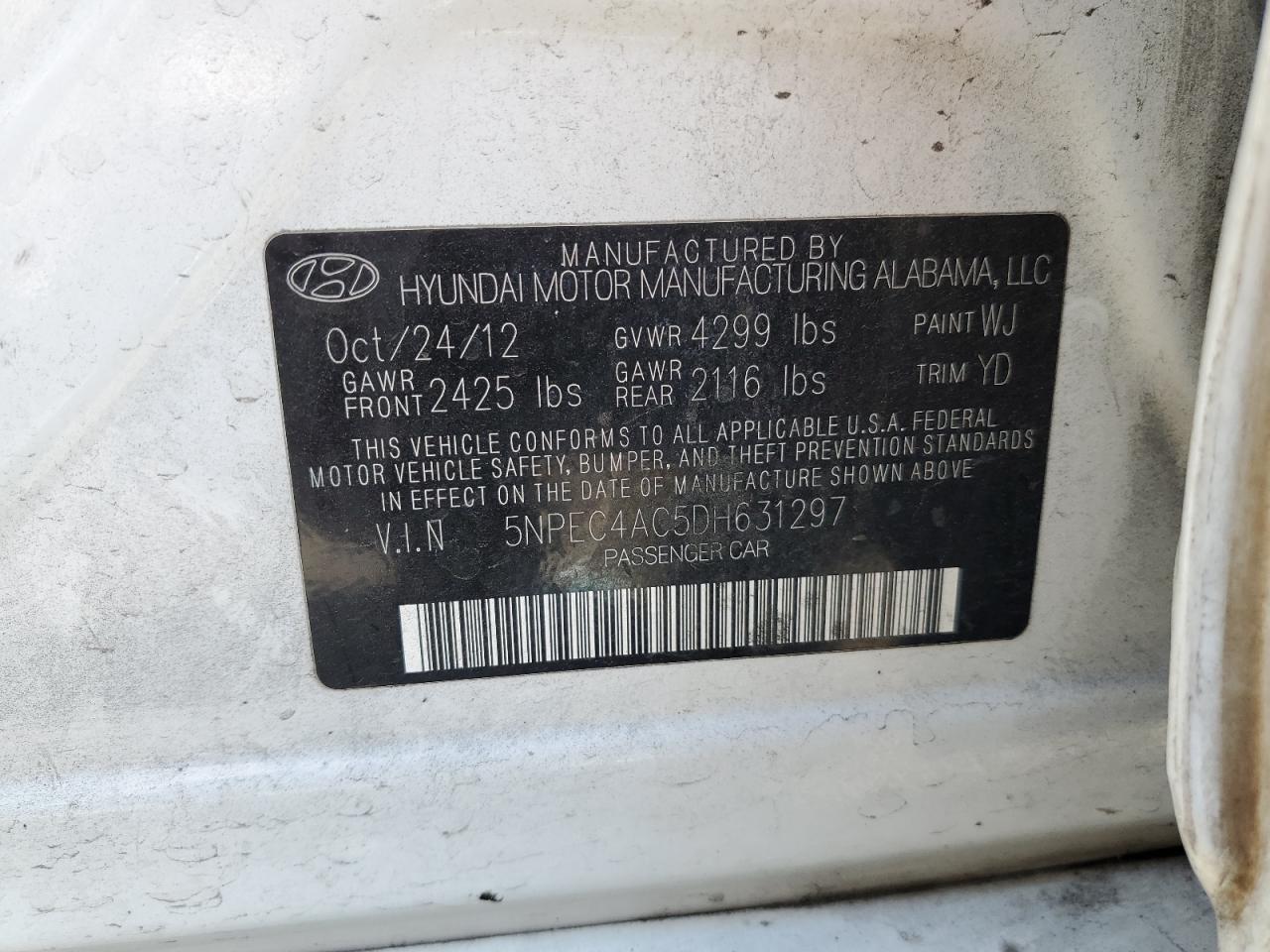 2013 Hyundai Sonata Se VIN: 5NPEC4AC5DH631297 Lot: 63451244