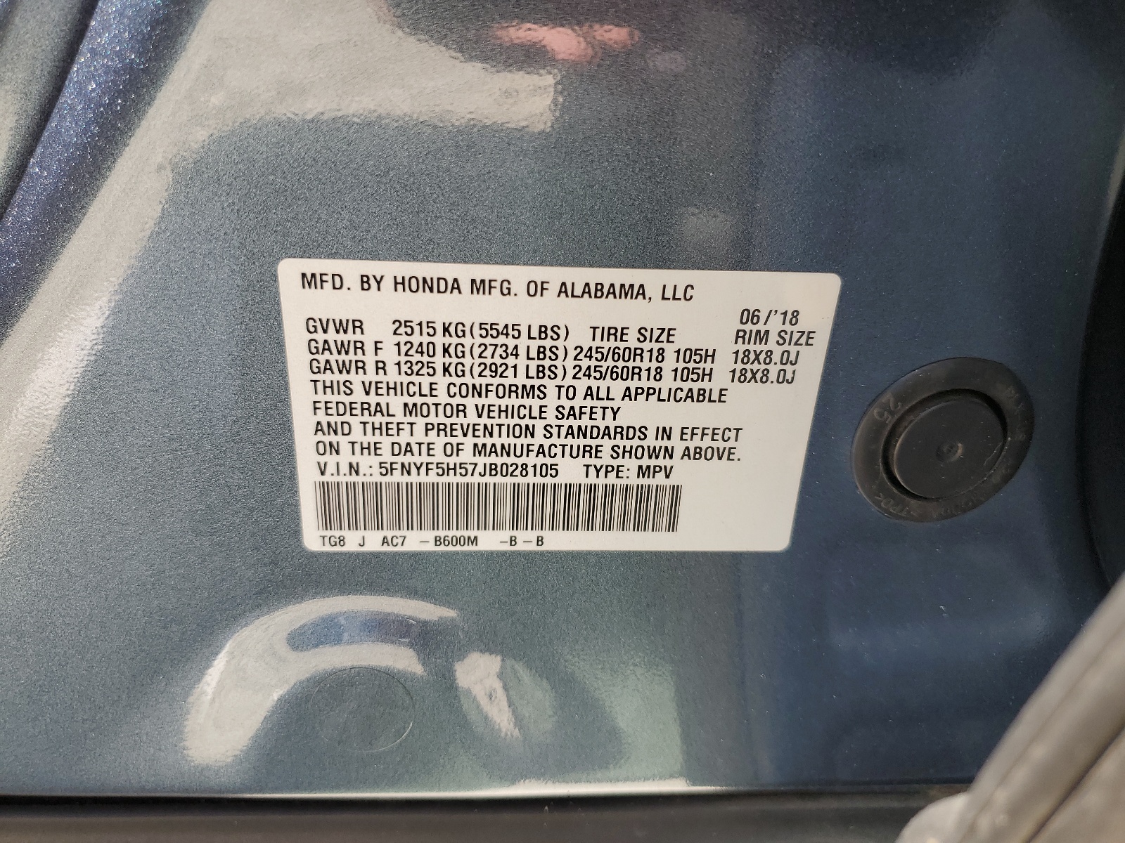 5FNYF5H57JB028105 2018 Honda Pilot Exl