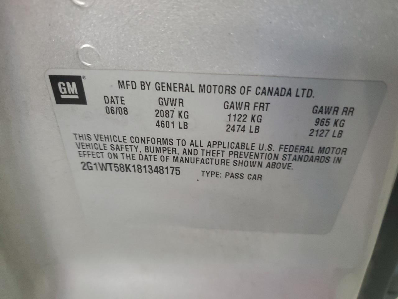 2008 Chevrolet Impala Lt VIN: 2G1WT58K181348175 Lot: 62438594