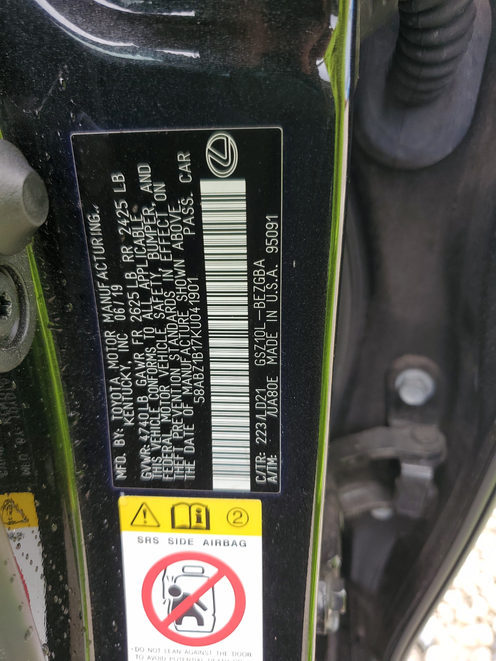 58ABZ1B17KU041901 2019 Lexus Es 350